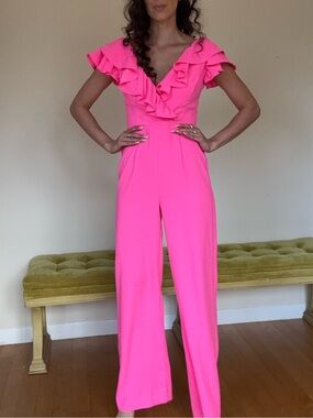 Lilly Pulitzer Bright Pink Ruffle V-Neck Jumpsuit